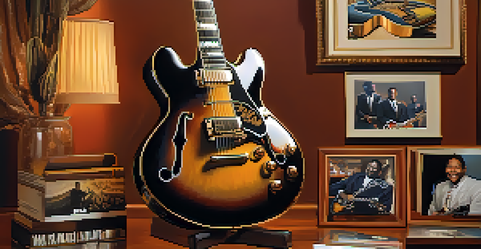 B.B. King's iconic guitar named Lucille displayed in a softly lit room with photographs and memorabilia.