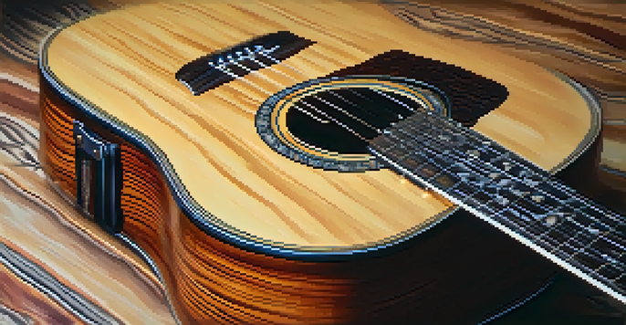 A close-up view of an acoustic guitar in a soft gig bag with detailed stitching and wood grain visible.
