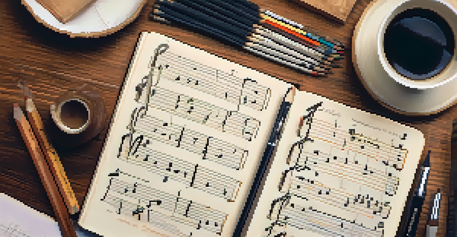 Overhead view of a musician's workspace with notebook, pencils, and coffee.