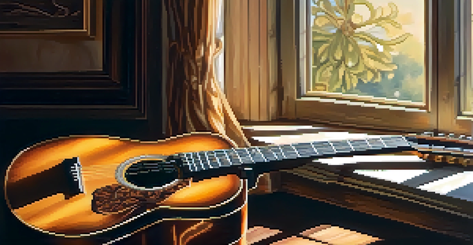 A vintage guitar on a wooden table, bathed in warm sunlight, with blurred music sheets in the background.