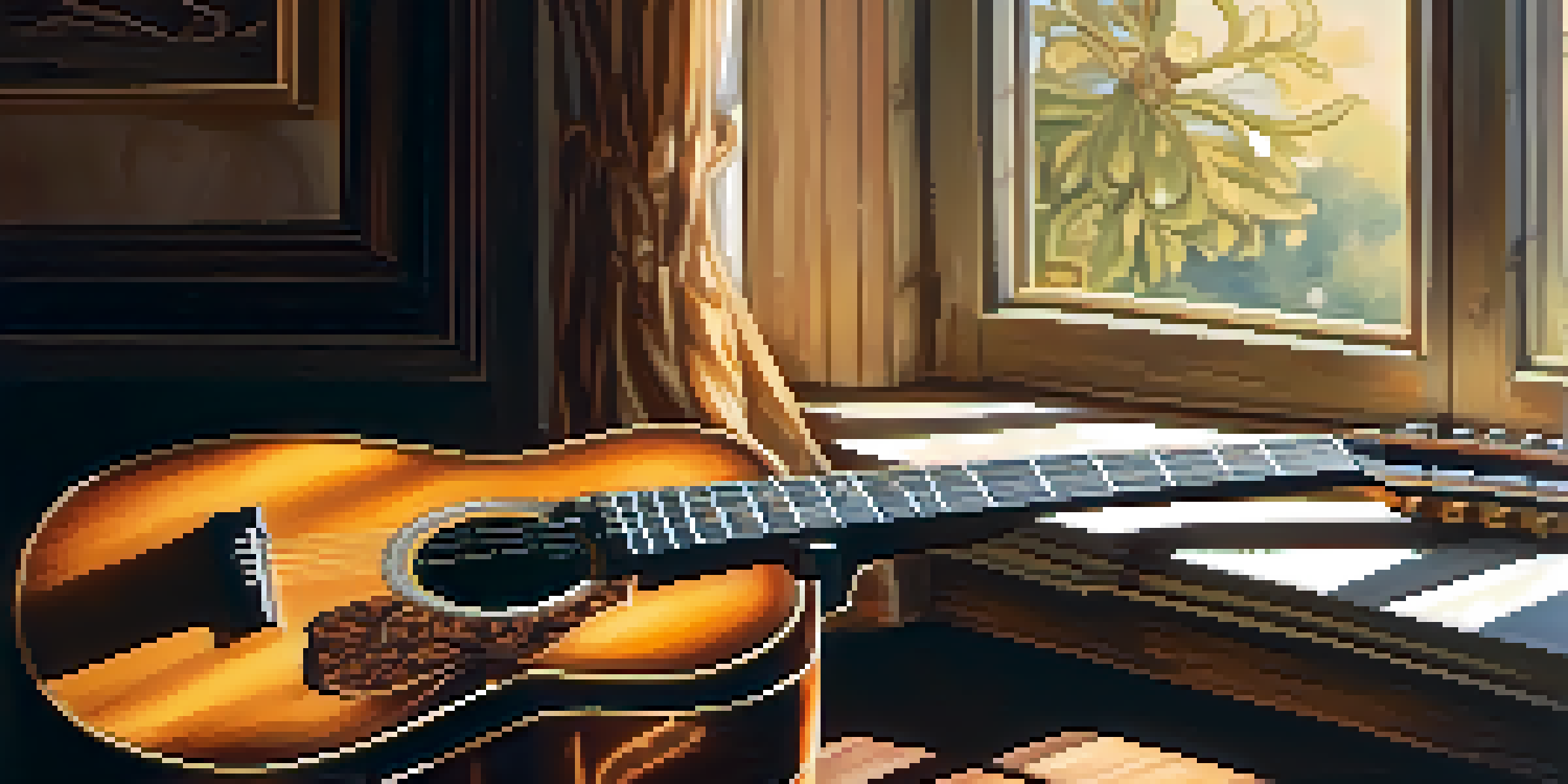 A vintage guitar on a wooden table, bathed in warm sunlight, with blurred music sheets in the background.