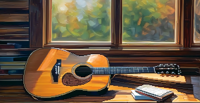 A close-up of an acoustic guitar on a wooden table with warm lighting, showcasing its intricate details and a blurred background of music sheets.