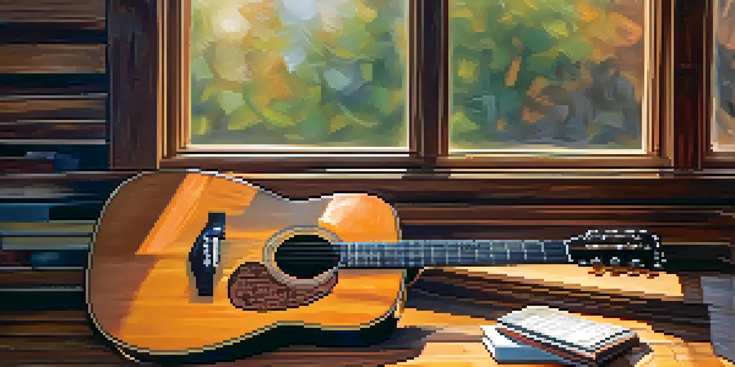 A close-up of an acoustic guitar on a wooden table with warm lighting, showcasing its intricate details and a blurred background of music sheets.