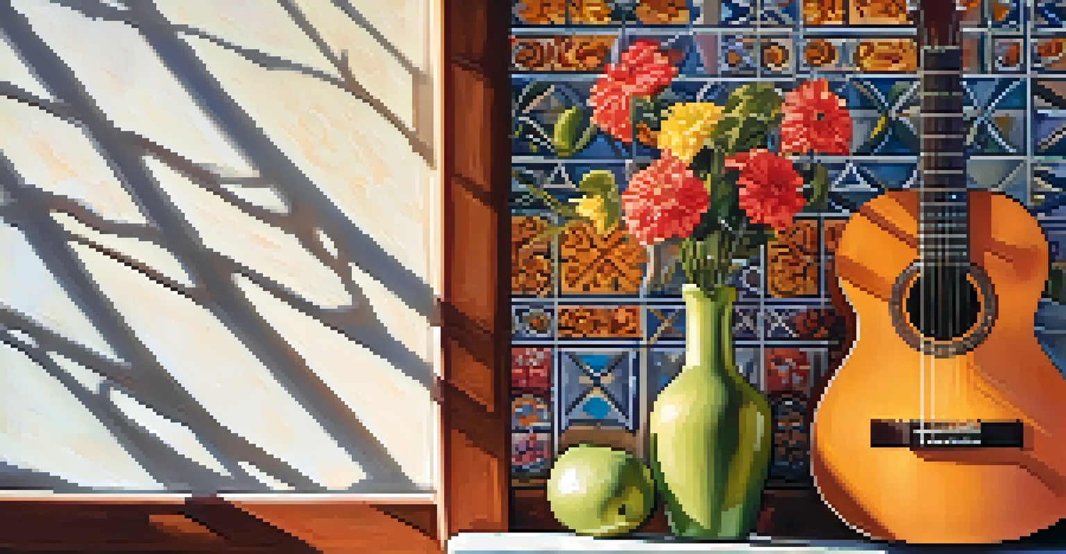 A flamenco guitar against a colorful tile wall, surrounded by flowers and lit by soft evening light.