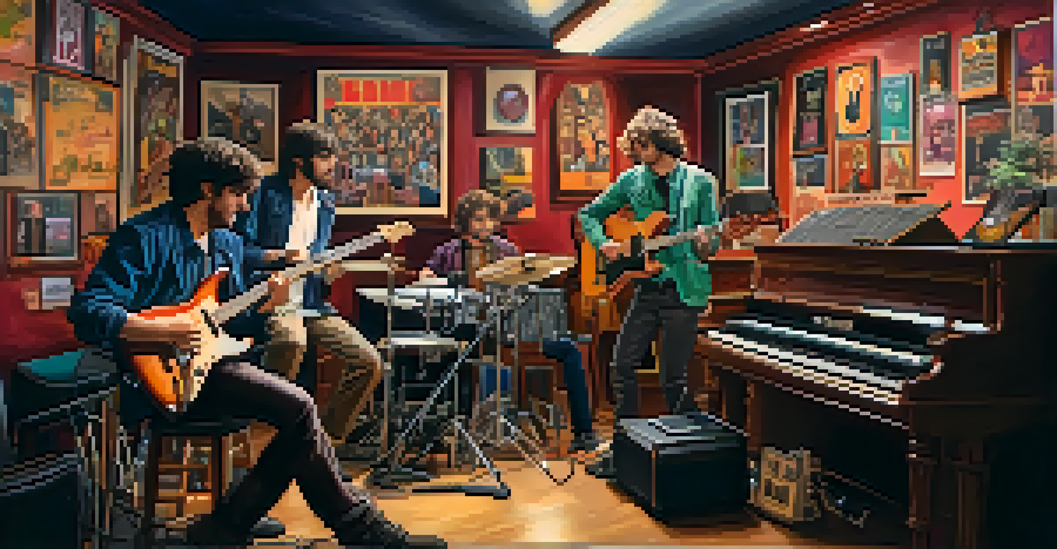 A band playing in a music studio, with the lead guitarist improvising and colorful lights enhancing the creative atmosphere.