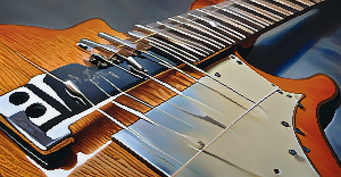 A close-up view of a vintage electric guitar showcasing its wood grain and polished surface in soft lighting.
