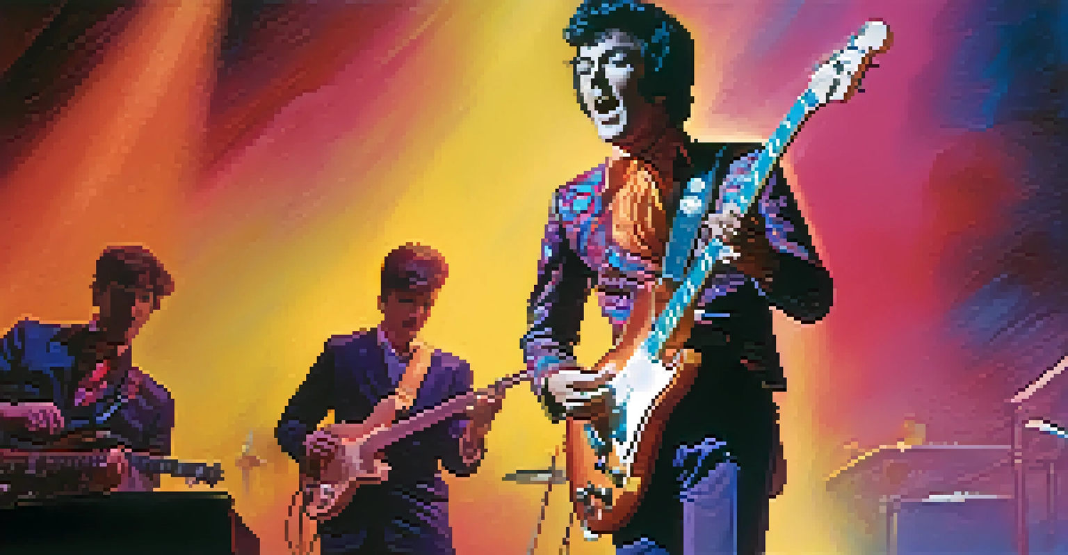 A guitarist on stage in vibrant 1960s clothing, performing energetically with colorful lights and an engaged audience.