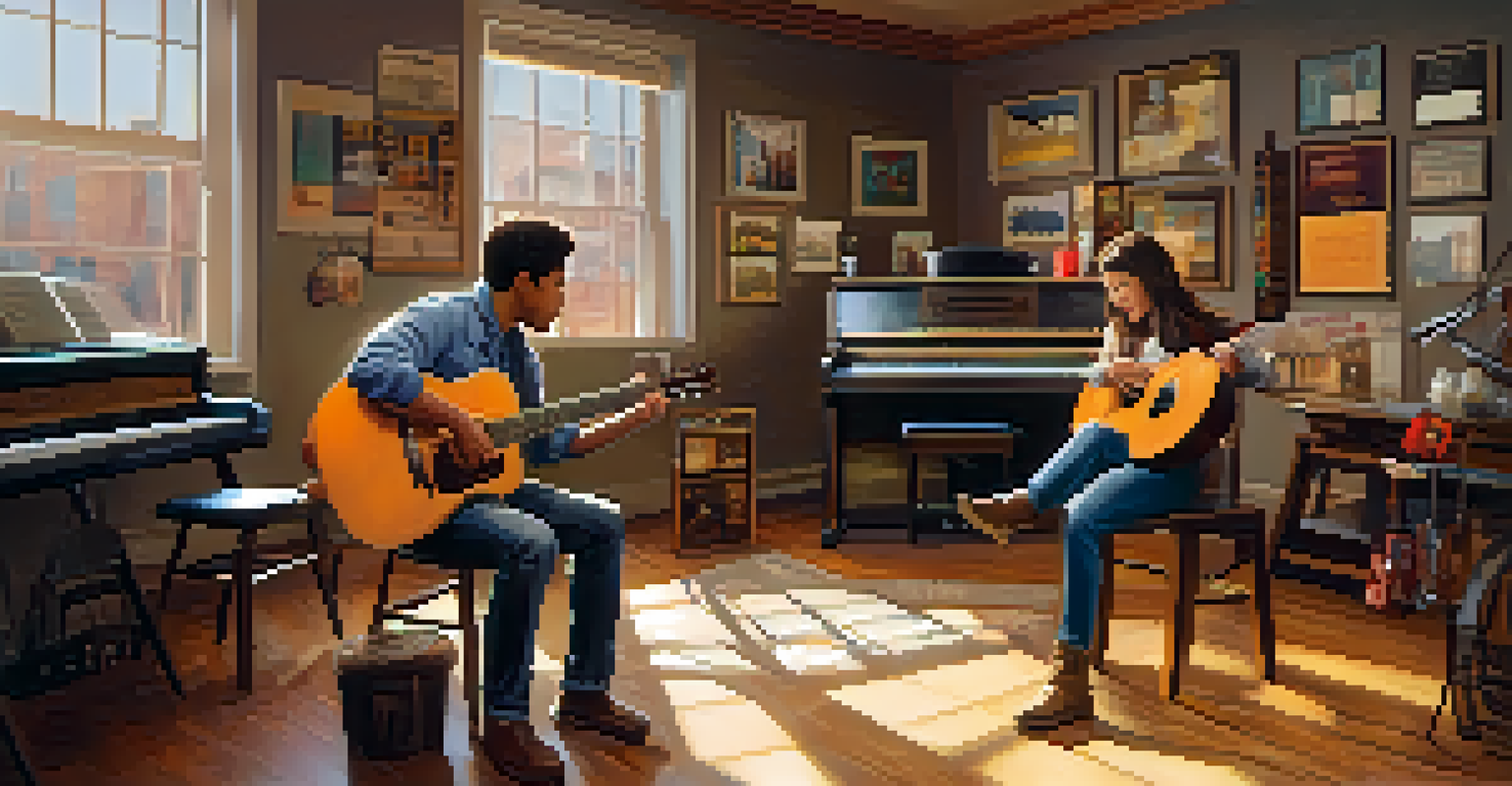 An intimate music lesson in a cozy studio with a guitar instructor and a focused student, surrounded by instruments and warm lighting.