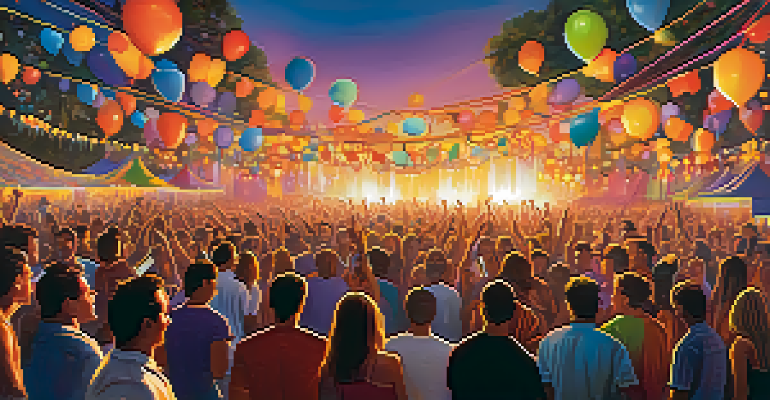 A lively outdoor music festival with a diverse crowd dancing under colorful lights during sunset.