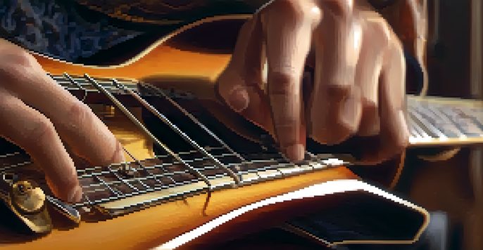 A guitarist's hands bending a string on a guitar neck, with warm lighting and a blurred background of musical instruments.