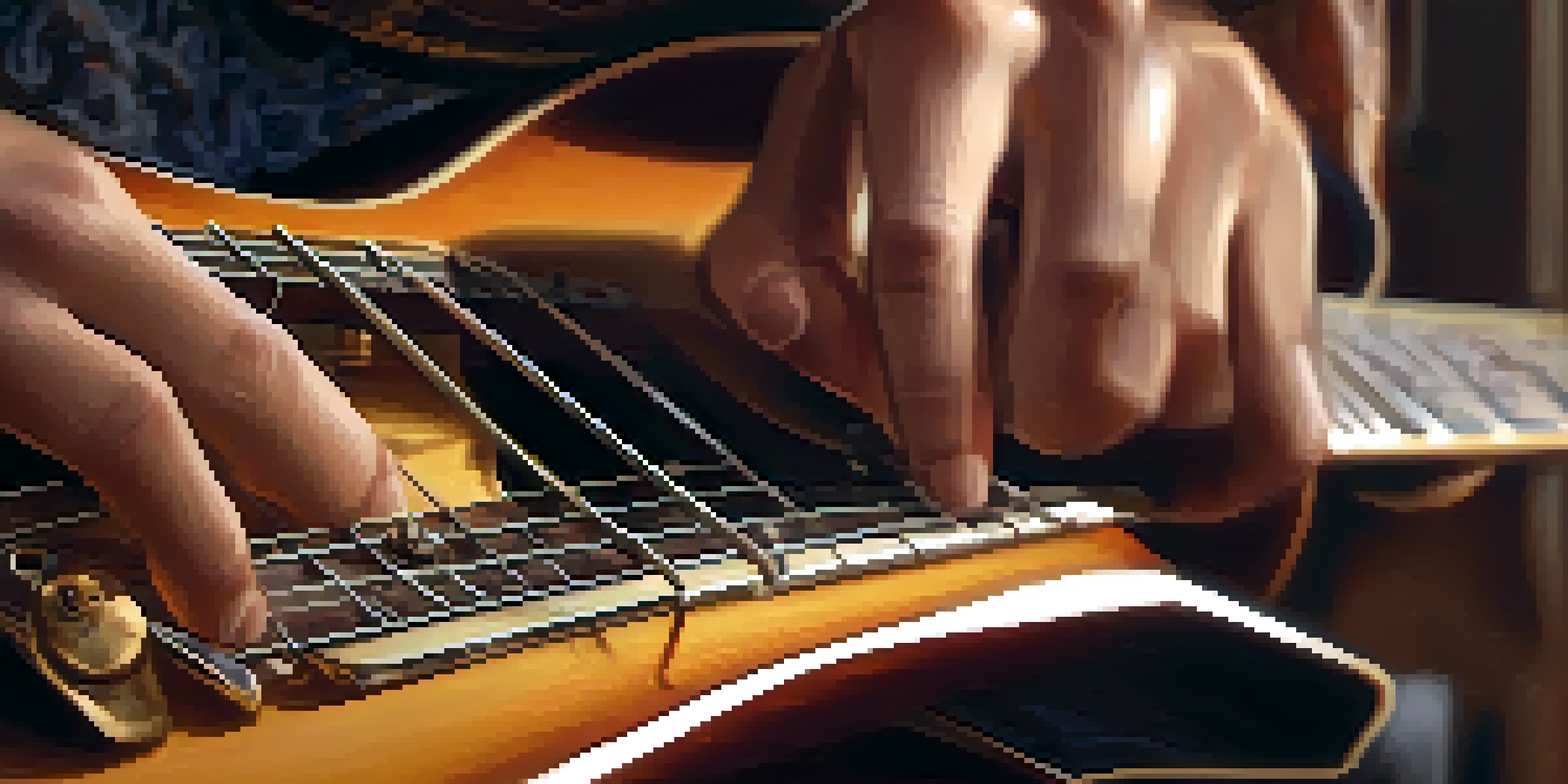 A guitarist's hands bending a string on a guitar neck, with warm lighting and a blurred background of musical instruments.