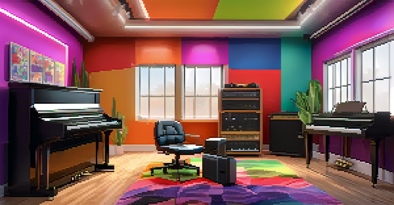 A vibrant music studio with colorful soundproofing panels, a digital piano, and an electric guitar, filled with musical instruments and soft LED lights.
