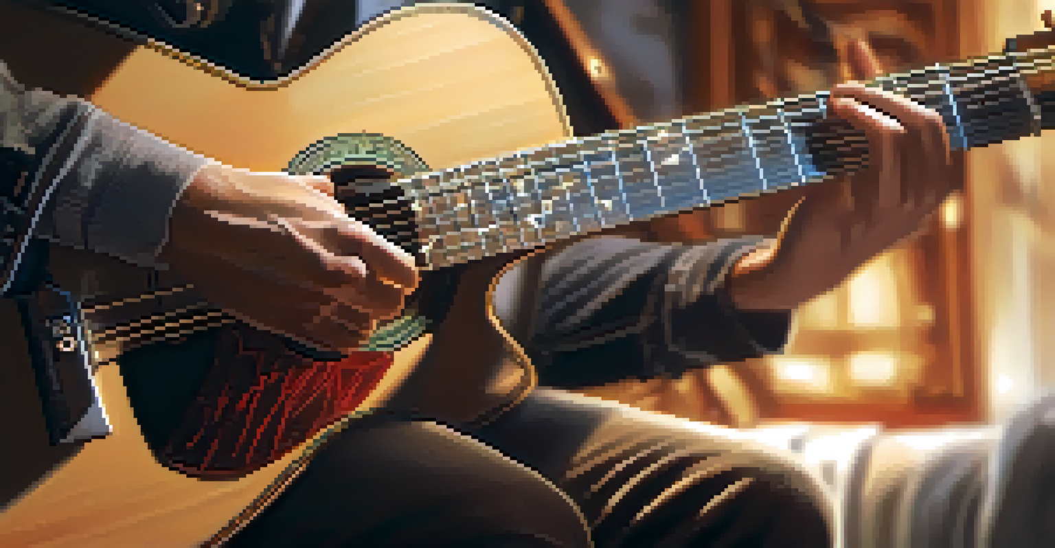 A detailed view of a guitarist's hands playing an acoustic guitar, showcasing skill and artistry.