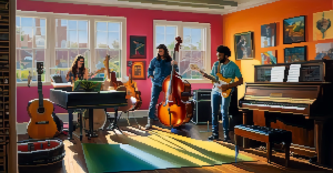 A lively music studio with diverse musicians collaborating, filled with colorful instruments and natural lighting.