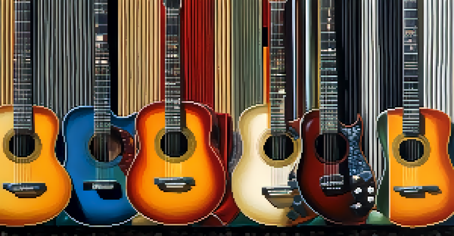 An arrangement of guitar slides made of glass, metal, and ceramic on a textured fabric background, highlighting their colors and finishes.