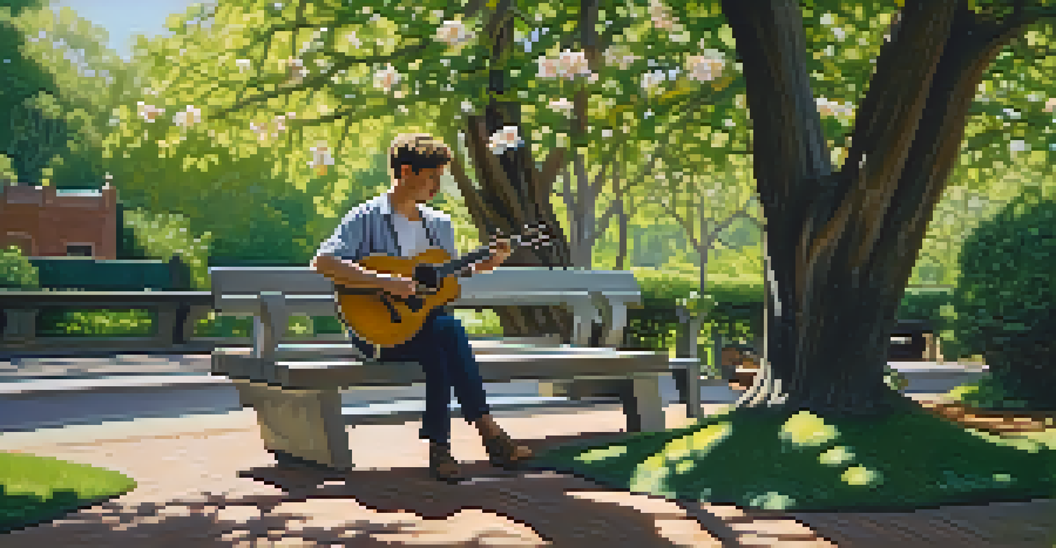 A guitarist playing fingerpicking patterns on a park bench surrounded by flowers and greenery.