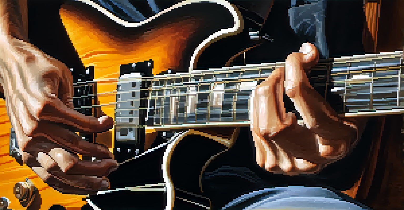 A close-up view of a guitarist's hands playing a vintage electric guitar with detailed focus on the instrument.