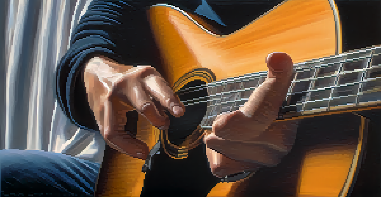 A close-up of a guitarist's hands playing a guitar, showcasing skill and artistry.