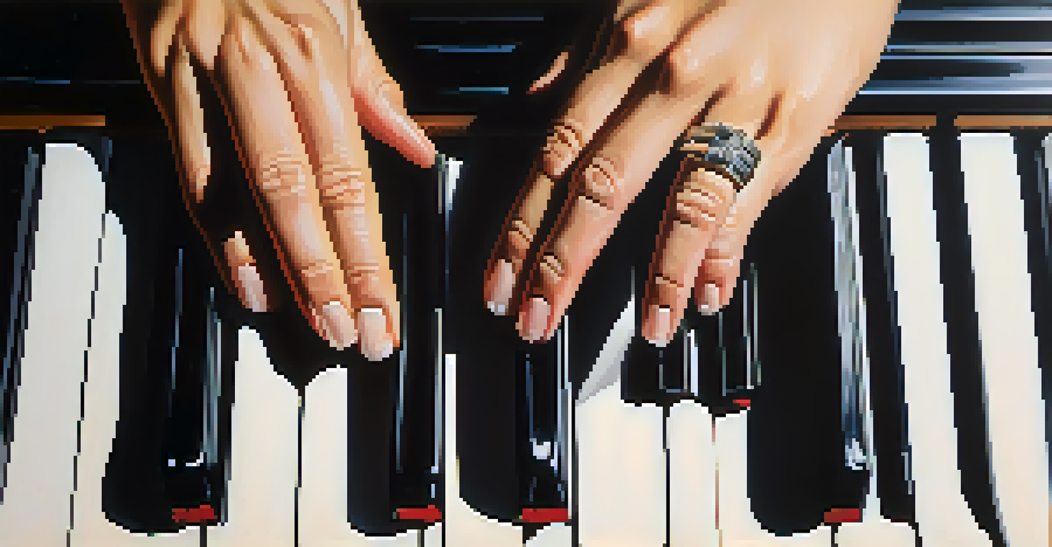 Close-up of hands playing a piano keyboard with musical notes in the background.
