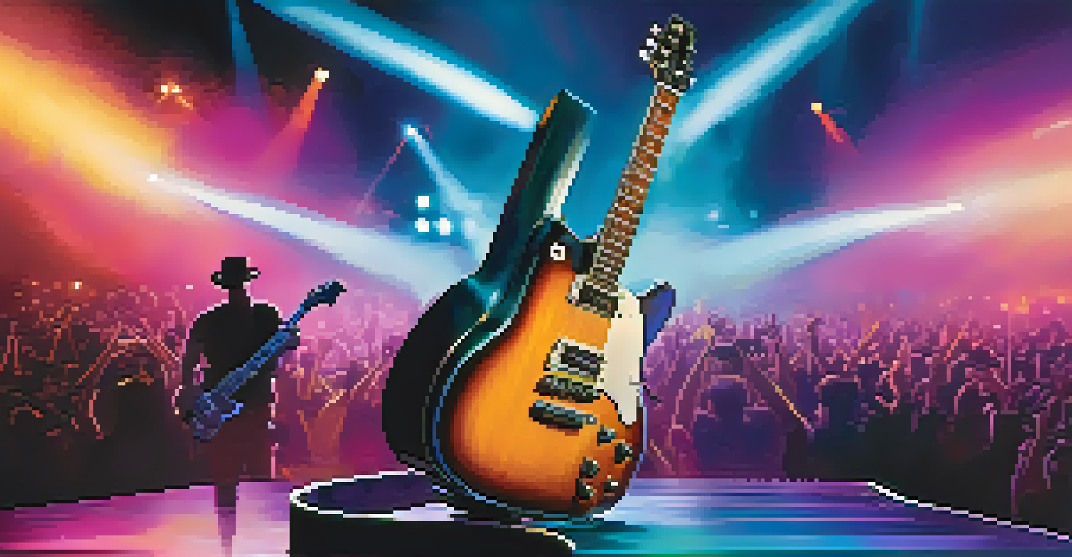 An electric guitar in front of colorful stage lights and smoke, with a cheering crowd in the background.