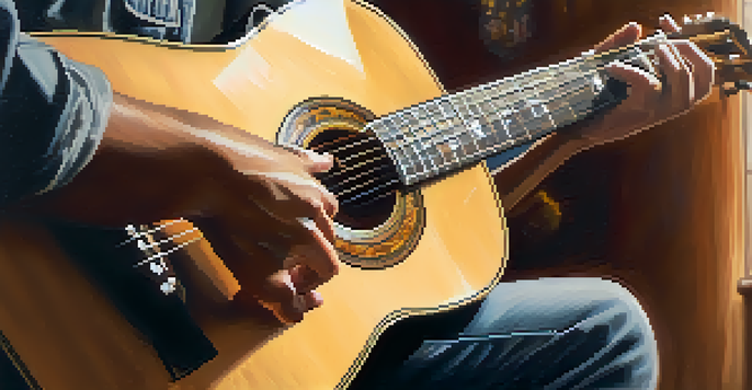 A guitarist playing fingerstyle on an acoustic guitar, with a focus on their hands and warm lighting in a cozy room.