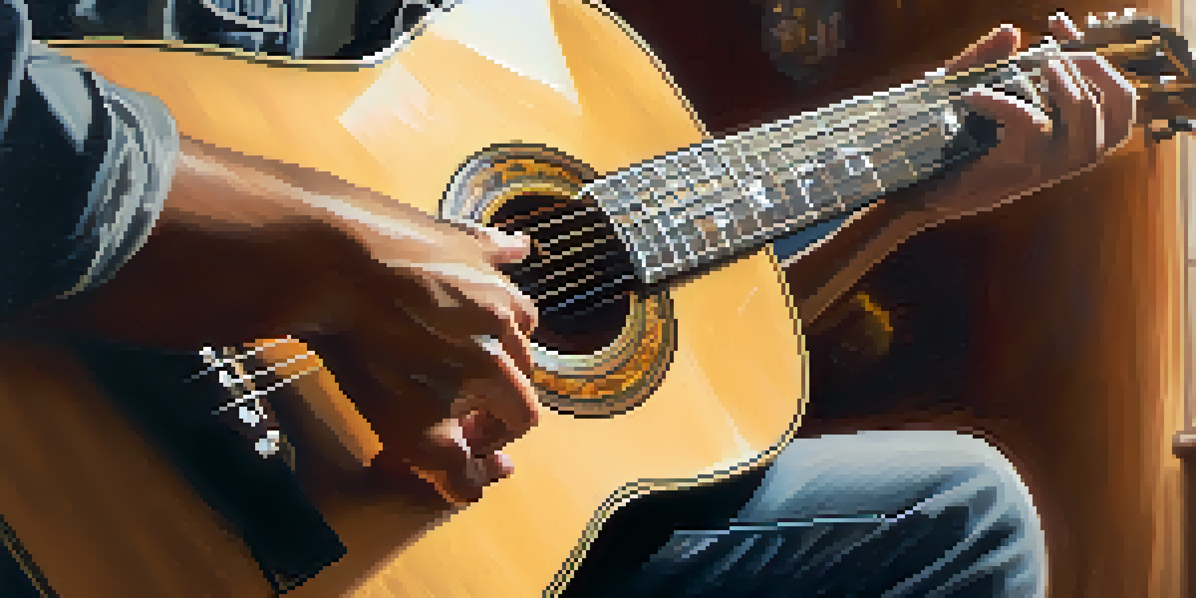 A guitarist playing fingerstyle on an acoustic guitar, with a focus on their hands and warm lighting in a cozy room.