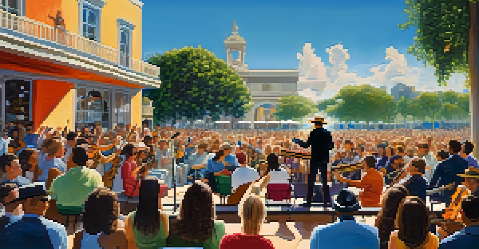 Two guitarists performing a lively duet on an outdoor stage, engaging an enthusiastic audience in a sunny setting.