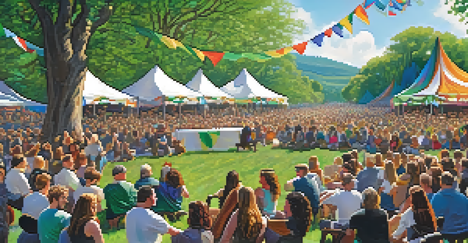 A lively Celtic music festival with musicians on stage and an engaged audience in a natural setting.