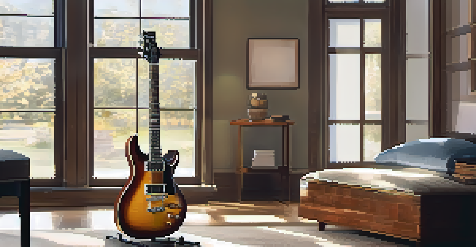The PRS SE Custom 24 electric guitar on a stand in a cozy indoor setting with natural light, surrounded by music sheets.