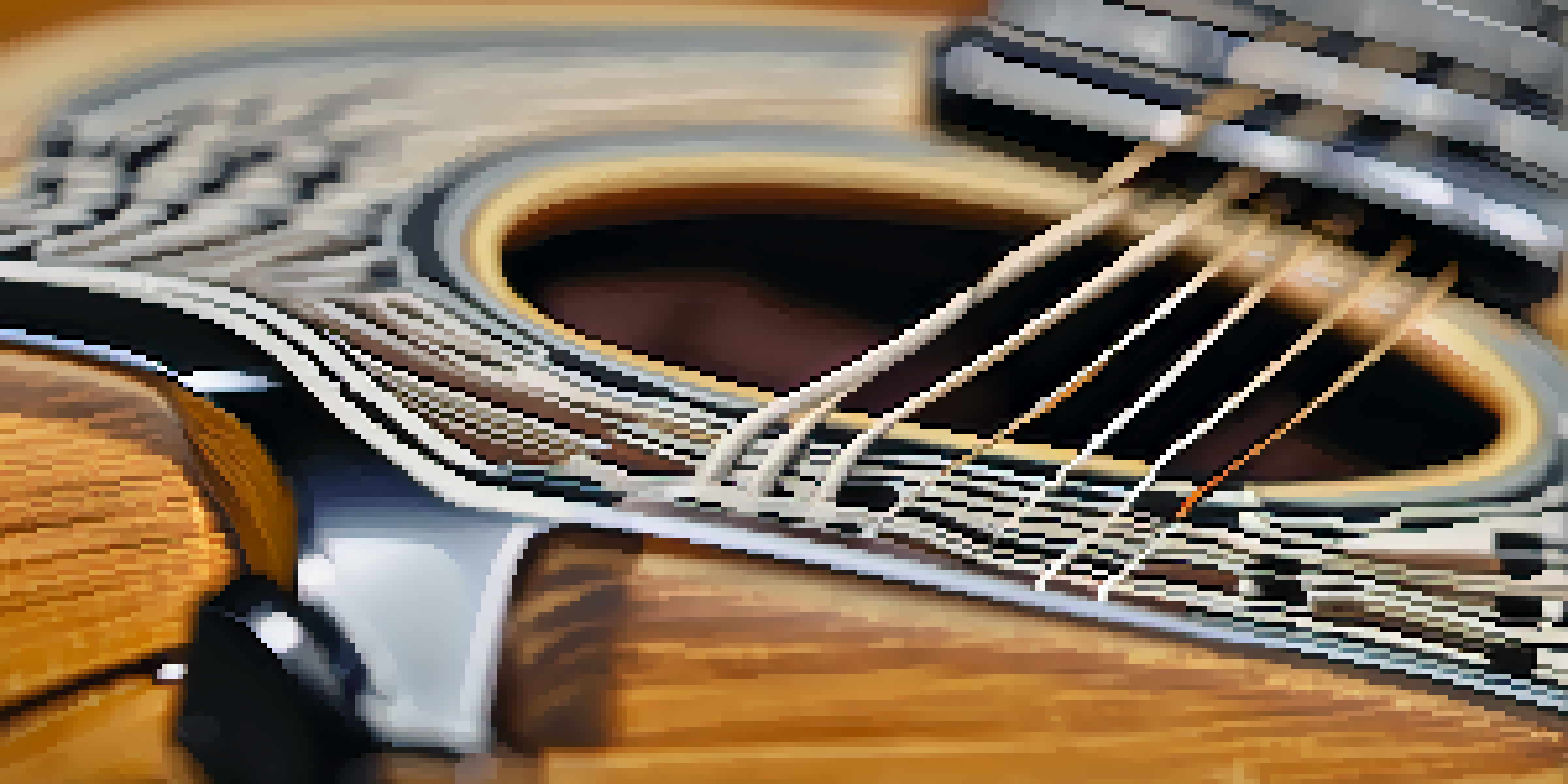 A detailed close-up of a guitar capo on an acoustic guitar, focusing on the capo's design and the texture of the guitar strings.