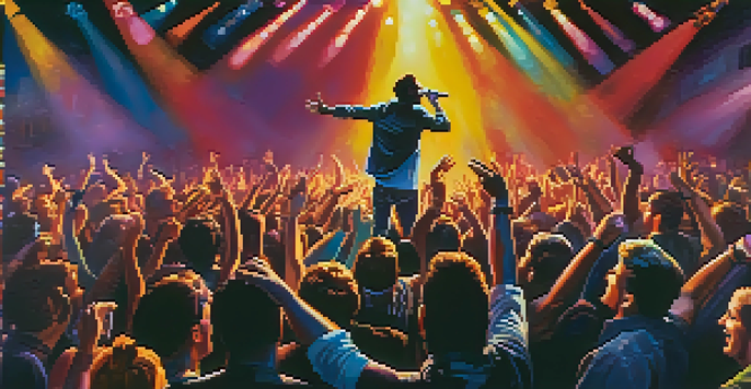 A lively concert scene with a musician playing guitar on stage and an enthusiastic crowd enjoying the performance.