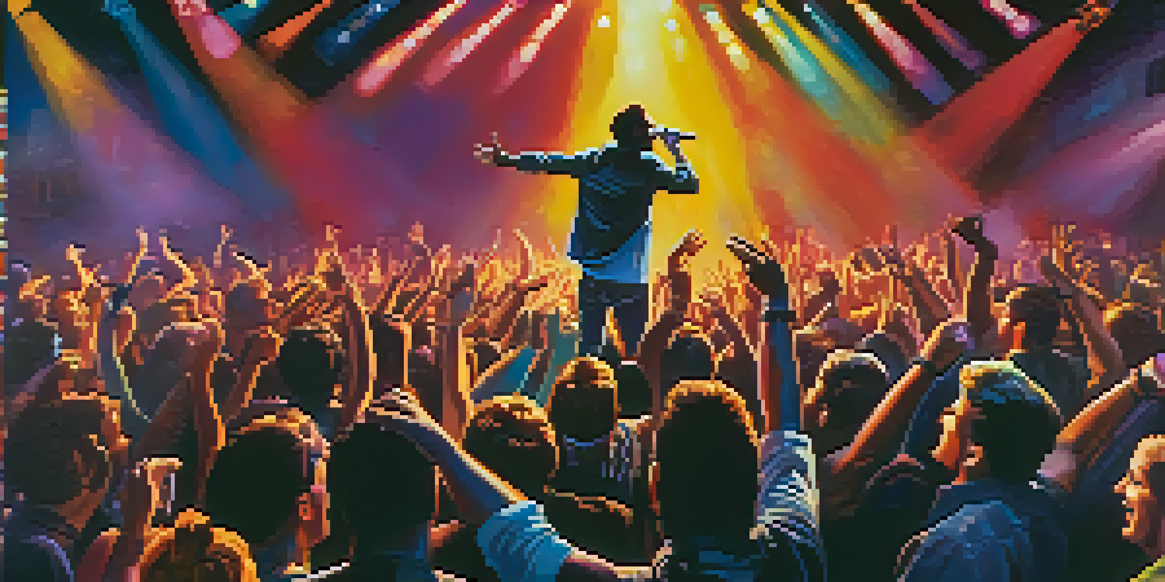 A lively concert scene with a musician playing guitar on stage and an enthusiastic crowd enjoying the performance.