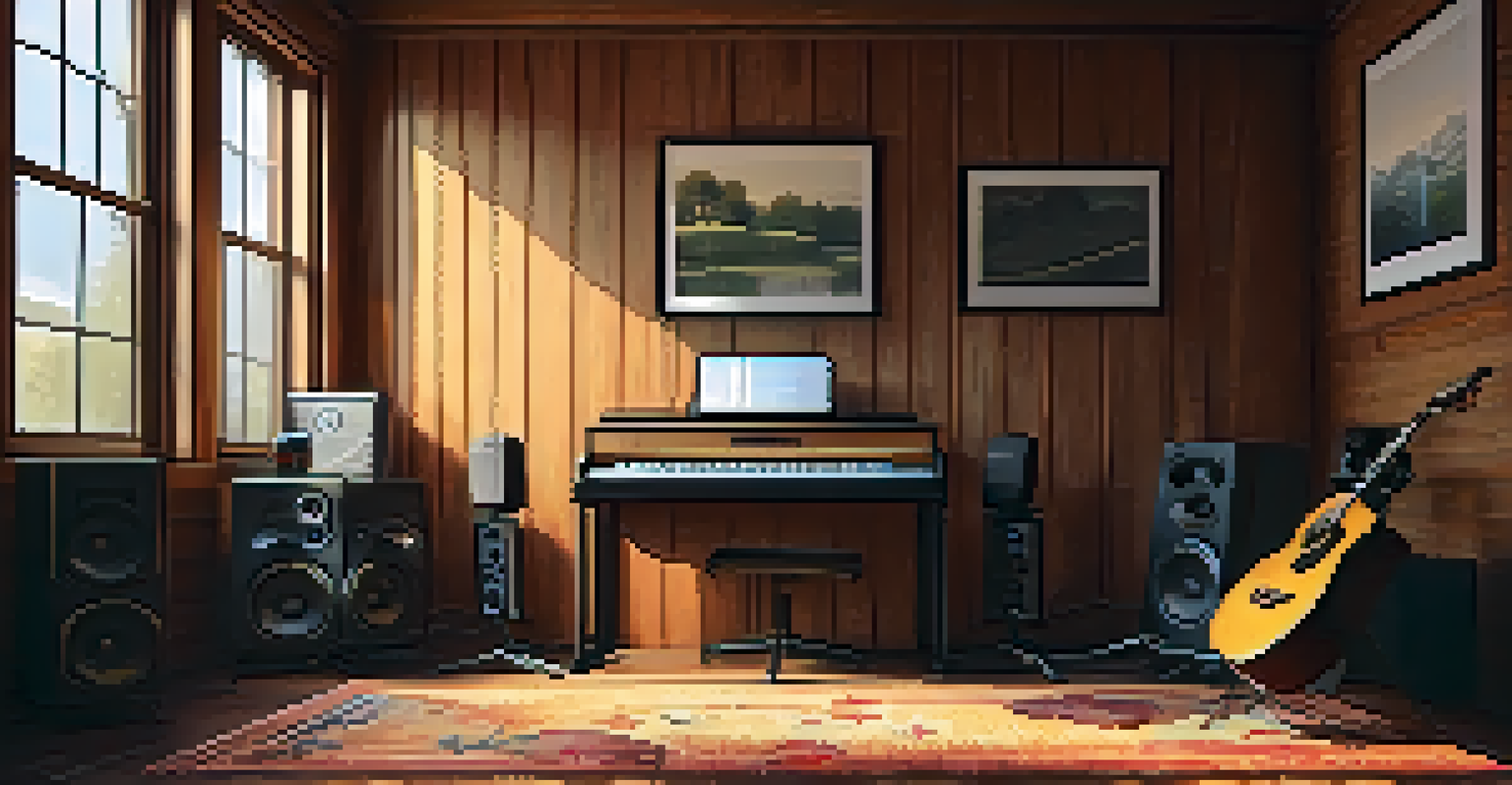 A cozy recording setup with a guitar on a stand and a microphone positioned several feet away in a warmly lit room.