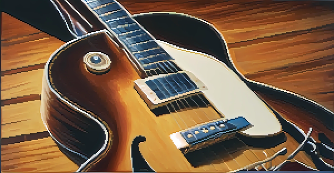 A vintage jazz guitar on a wooden table, illuminated by soft lighting, with a jazz record in the background.