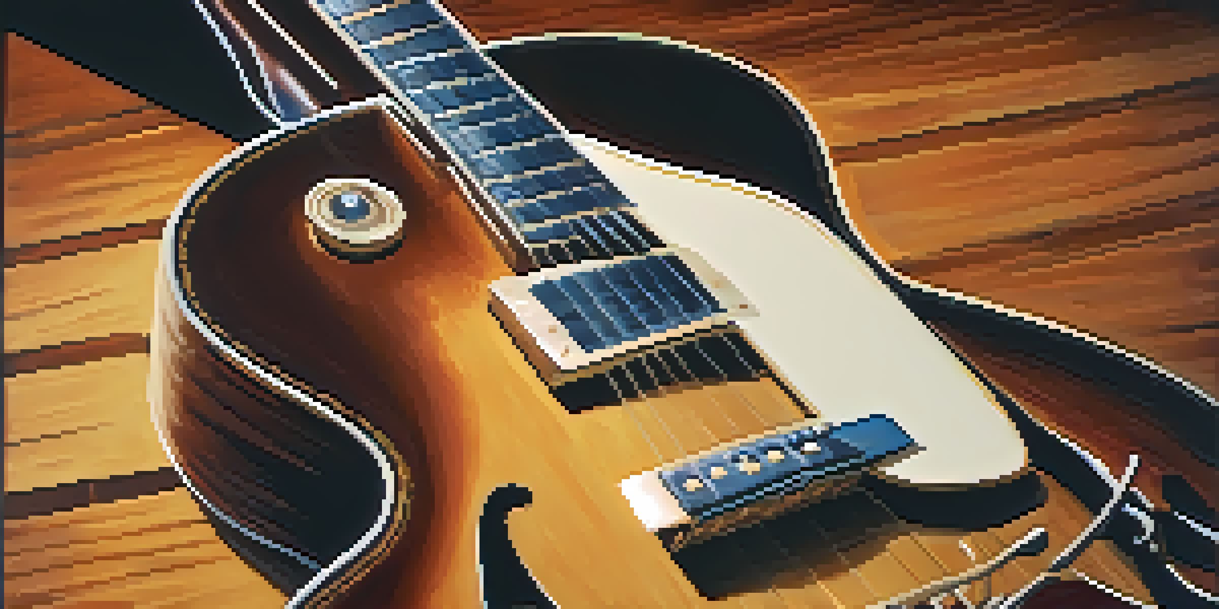 A vintage jazz guitar on a wooden table, illuminated by soft lighting, with a jazz record in the background.