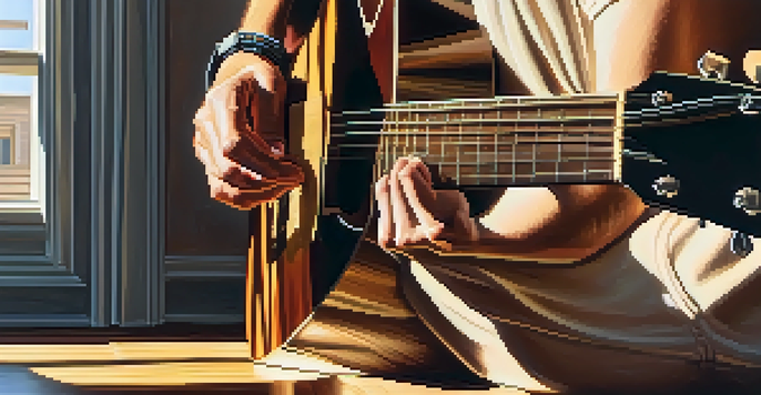 A close-up of a guitarist's hands playing a guitar with sunlight creating shadows on the floor.