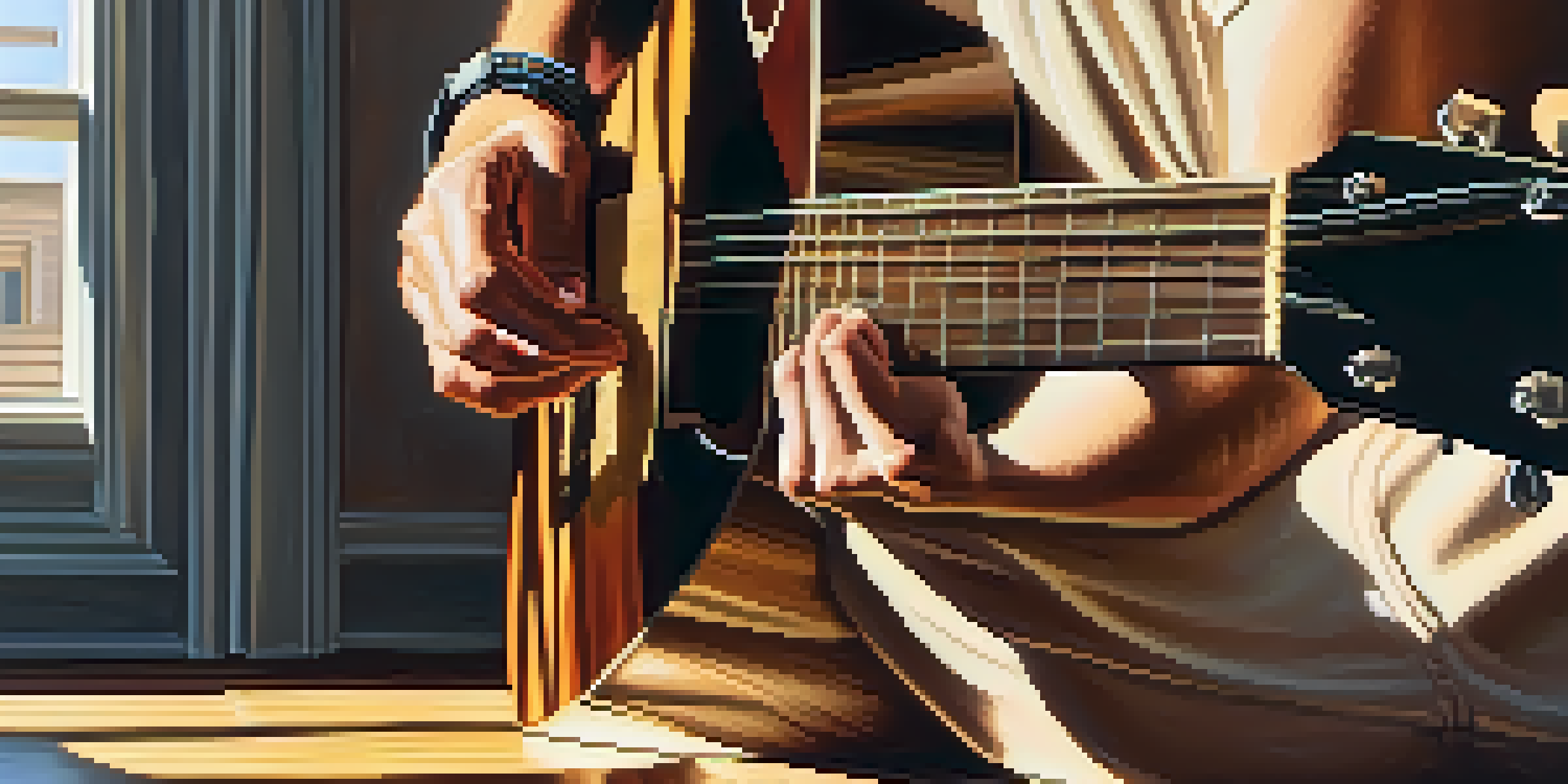 A close-up of a guitarist's hands playing a guitar with sunlight creating shadows on the floor.