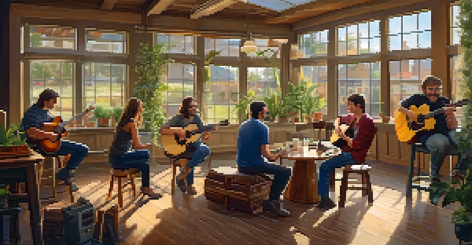A group of musicians of different ages sitting in a circle, playing guitars in a cozy coffee shop with warm lighting and plants.