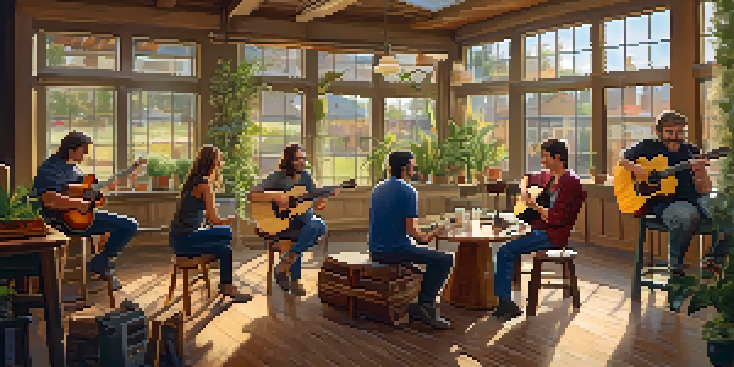 A group of musicians of different ages sitting in a circle, playing guitars in a cozy coffee shop with warm lighting and plants.