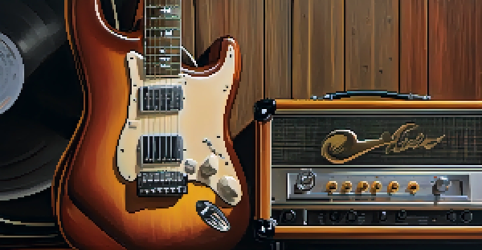 A close-up of an electric guitar leaning against an amplifier, with warm lighting highlighting its details in a cozy music studio.