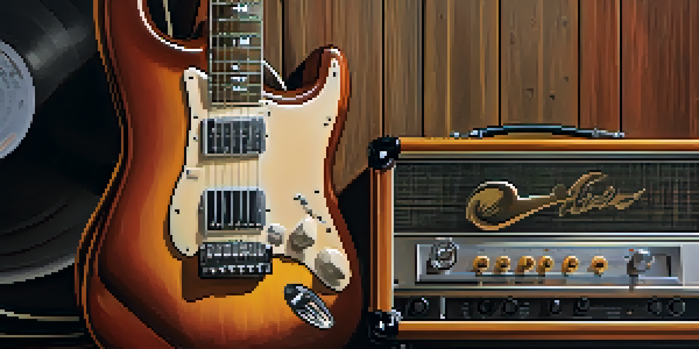 A close-up of an electric guitar leaning against an amplifier, with warm lighting highlighting its details in a cozy music studio.