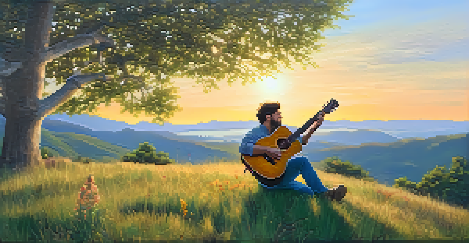A person sitting on a grassy hillside playing an acoustic guitar during sunset, surrounded by trees and wildflowers.