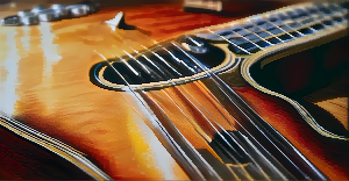 A close-up view of a musician's hand using a glass slide on a vintage guitar, with warm lighting highlighting the guitar's wood grain.