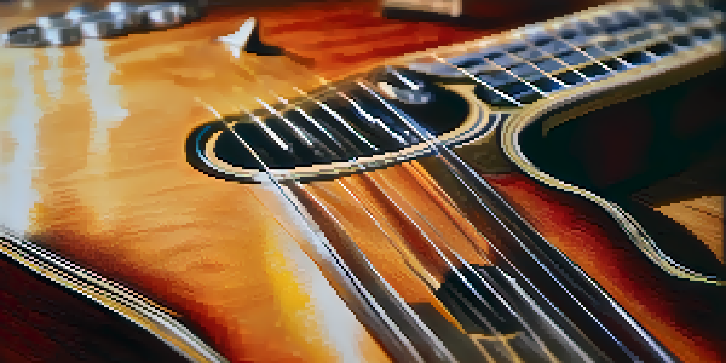 A close-up view of a musician's hand using a glass slide on a vintage guitar, with warm lighting highlighting the guitar's wood grain.