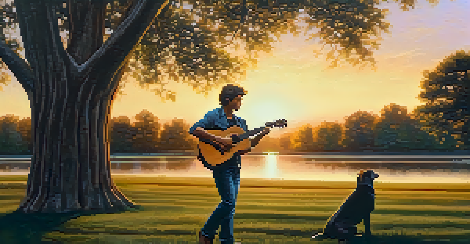 A guitarist playing an acoustic guitar in a park at sunset, surrounded by nature.