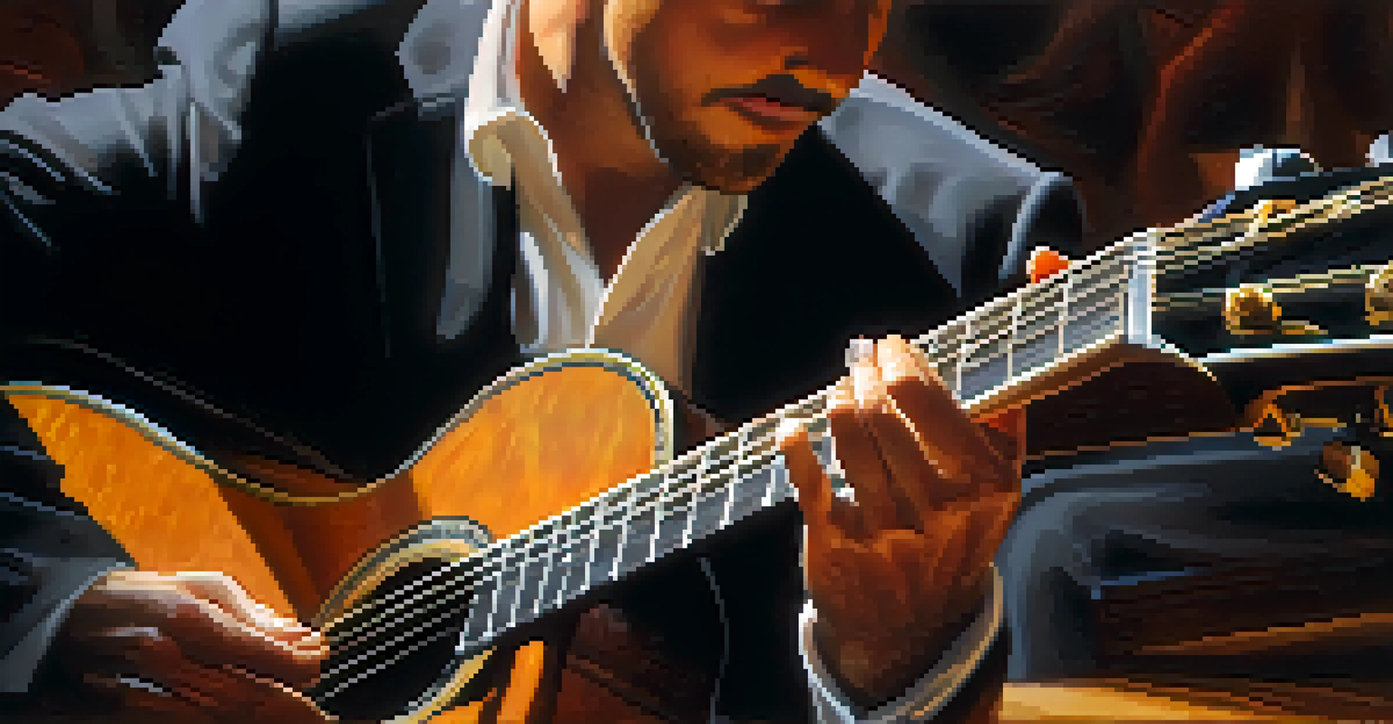 Close-up of a guitarist's hands playing flamenco, with a blurred audience in the background.