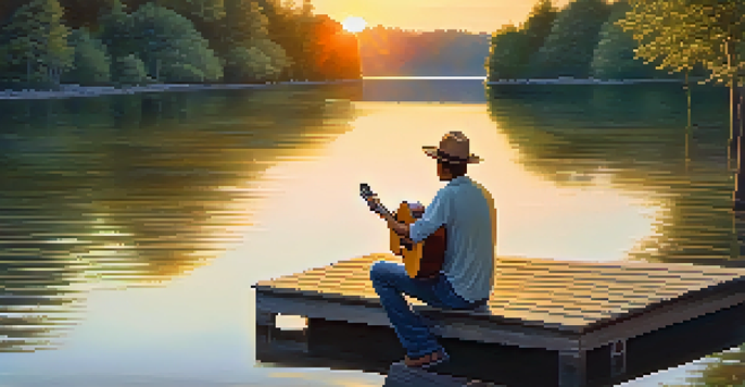 A musician playing an acoustic guitar by a lake during sunset, with a warm glow and surrounding greenery.