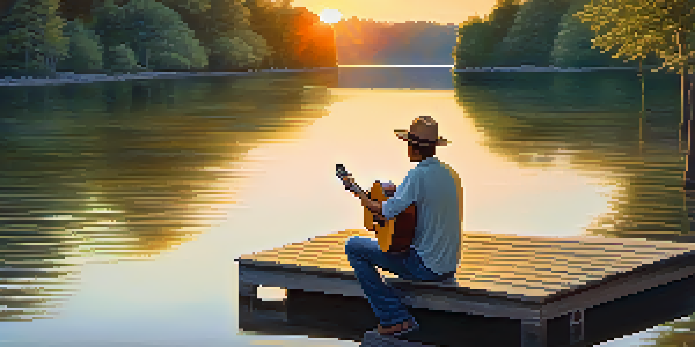 A musician playing an acoustic guitar by a lake during sunset, with a warm glow and surrounding greenery.