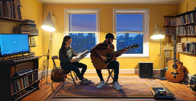 A guitarist playing in a warm, cozy home studio with shelves of music books and a laptop showing a video conference.