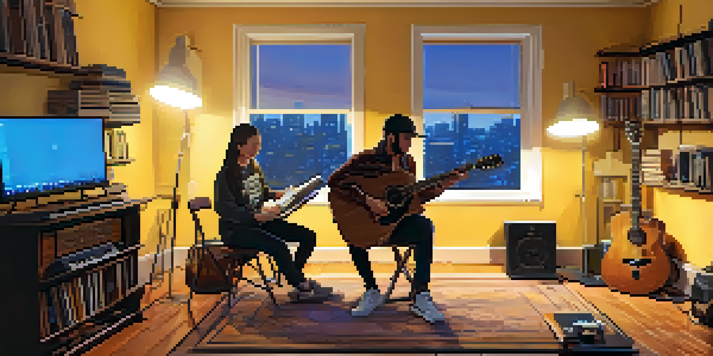 A guitarist playing in a warm, cozy home studio with shelves of music books and a laptop showing a video conference.